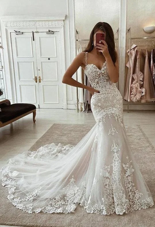 appliqued wedding dressesMermaid Lace/Tulle Spaghetti Straps Long Wedding Dress Fashion Bridal Dress OK1012