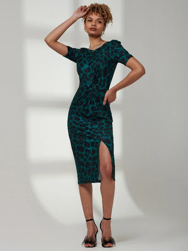 midi dresses with sheer sleevesArica Jersey Puff Sleeve Bodycon Midi Dress, Green Animal