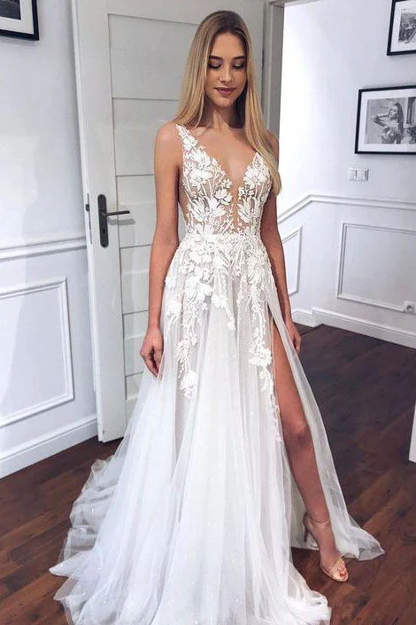 rustic glam wedding dressesNew V-neck A Line Tulle Split Wedding Dress Beach Bridal Gown With Appliques OK1119