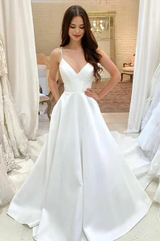 budget-friendly wedding dressesSimple A Line V-Neck Spaghetti Straps Satin Cheap Long Wedding Dress OK1156