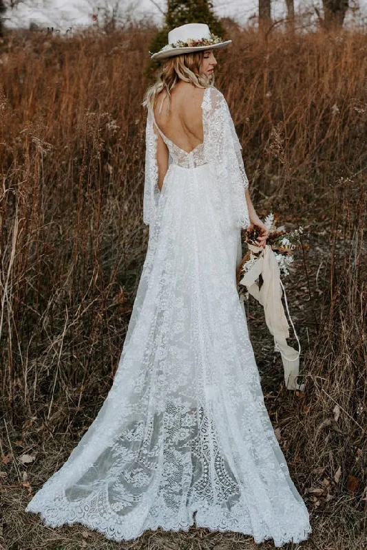 bohemian wedding dressesLace V Neck Backless Boho Wedding Dress A-line Lace Beach Bridal Gown OKV56