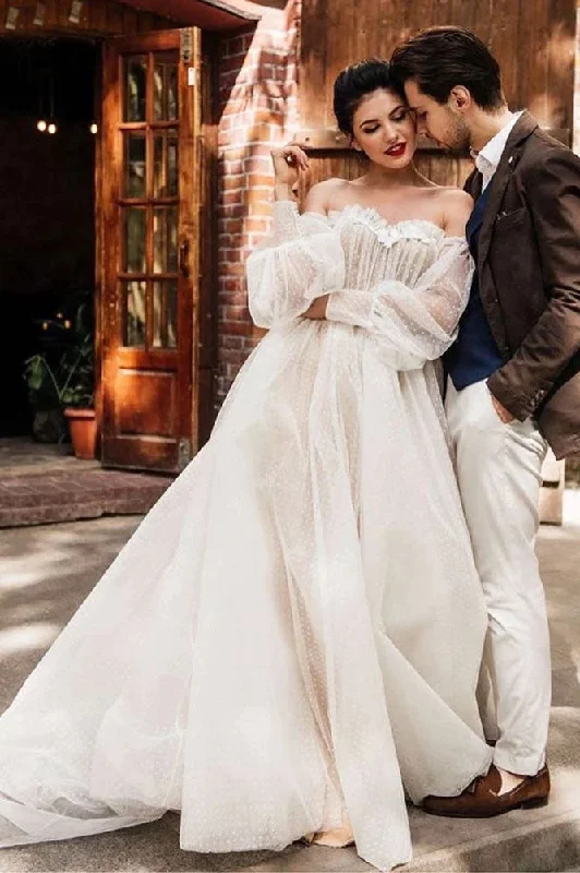 trendy wedding dressesIvory Tulle Off the Shoulder Bride Dress Simple Long Puffy Sleeves Wedding Gown OKW52