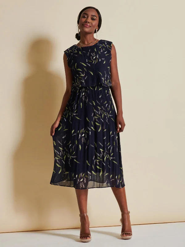 lace midi dressesChiffon Pleated Overlay Midi Dress, Navy Leafy