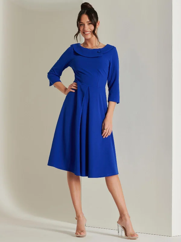 long-sleeved floral midi dressesFold Neckline Sleeved Midi Dress, Royal Blue