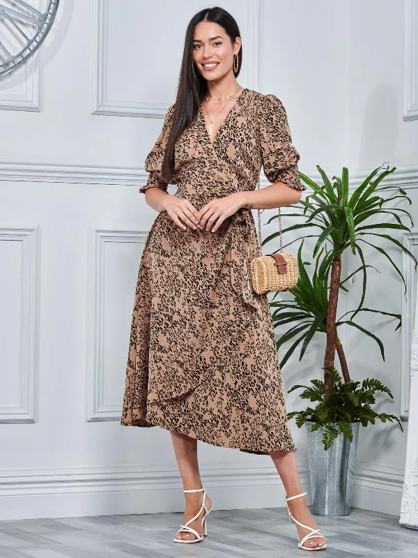 tween midi dressesAnimal Print Crepe Wrap Midi Dress, Stone