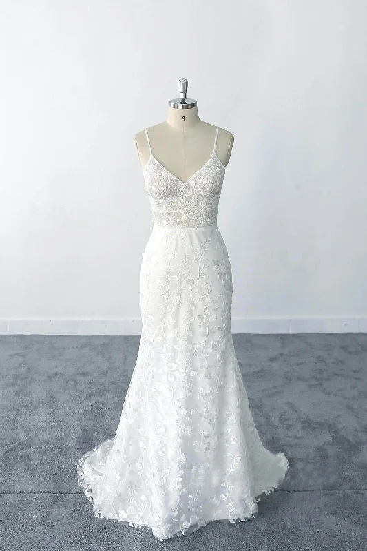 destination wedding dressesSexy Sheath Lace Bridal Gowns Spaghetti Straps Lace Wedding Dresses OKU92