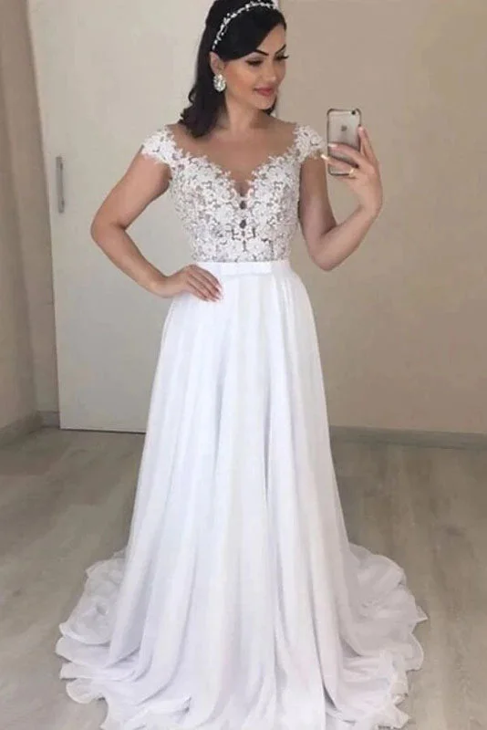 wedding dress with sleevesChiffon Long Cap Sleeves Wedding Dress Plus Size Lace Applique A-line Bridal Dress OKW21