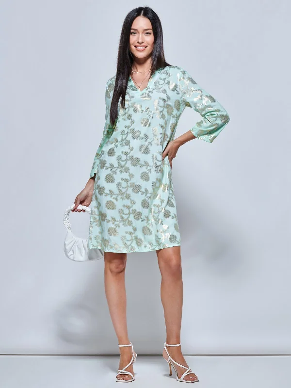 casual everyday midi dresses3/4 Sleeve Printed Midi Tunic Holiday Dress, Green Abstract