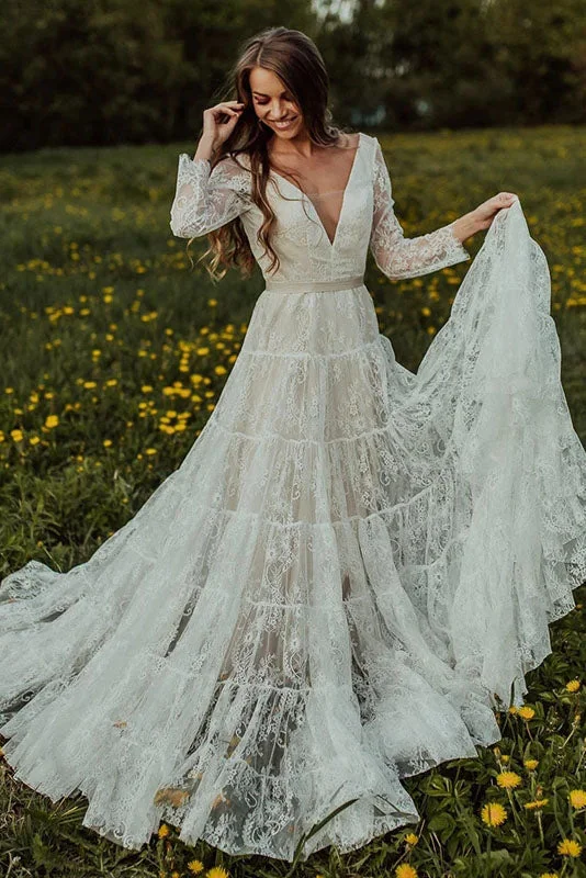 tulle wedding dressesA-line Lace Long Sleeves Beach Wedding Dress V Neck Boho Wedding Dress OKY93