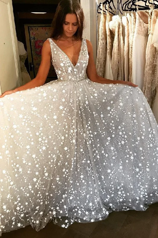 rustic wedding dressesGlitter V Neck Sleeveless Floor Length Prom Dress Sparkly Long Wedding Dress OK1130