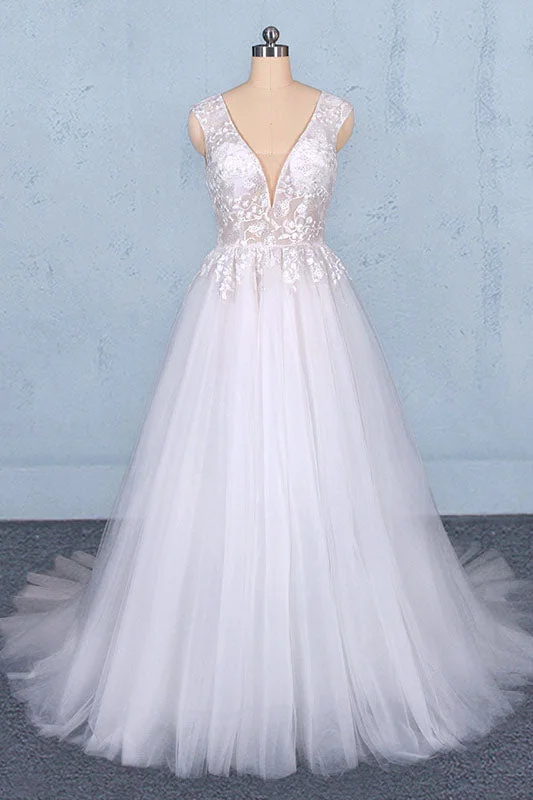 mermaid-inspired wedding dressesStunning A Line V Neck Tulle Lace Appliques Wedding Dress  Bridal Dress OKQ12