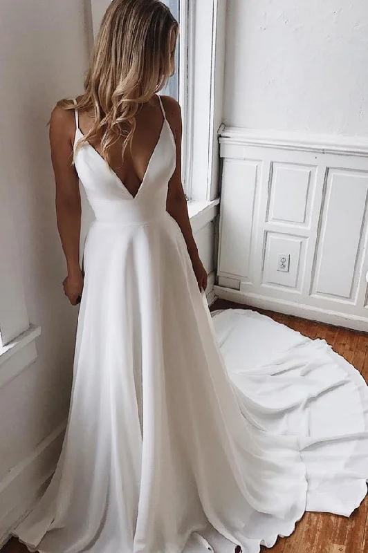 wedding dress codeOff White Chiffon A-line V-neck Lace Spaghetti Straps Wedding Dress OK1207