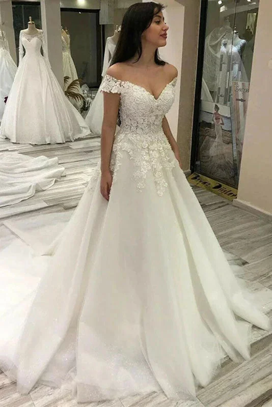 illusion sleeve wedding dressesPrincess Lace Appliques Ball Gown Wedding Dresses Off the Shoulder Bridal Gowns OKV19