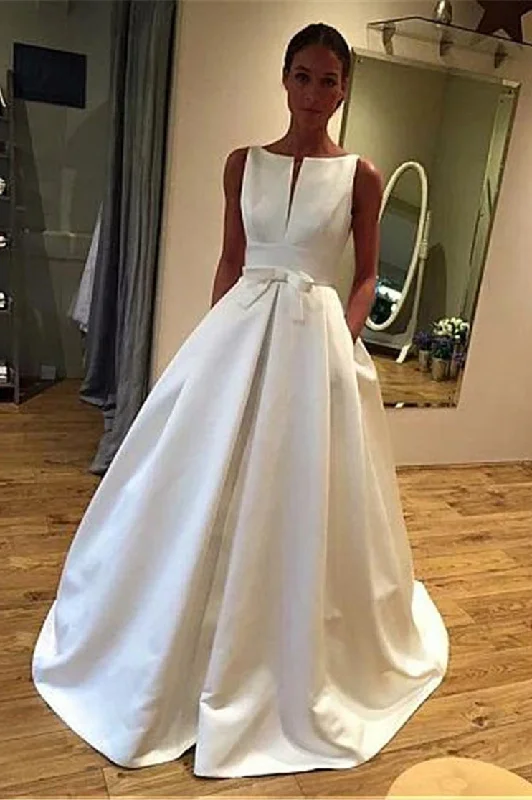 rustic chic wedding dressesBoho A-line Satin Beach Wedding Dress Sleeveles Bowknot Bridal Gown With Pockets OKX4