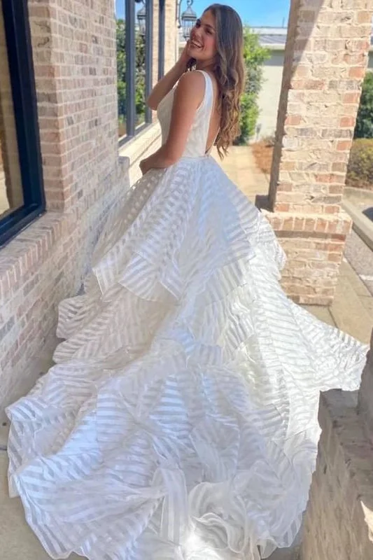 flowy wedding dressesOff White V-Neck Backless A-Line Stripes Wedding Dress Bridal Dress OK1539