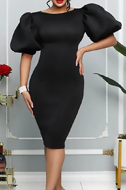 breathable midi dressesSolid Color Simple Puff Sleeve Midi Dress