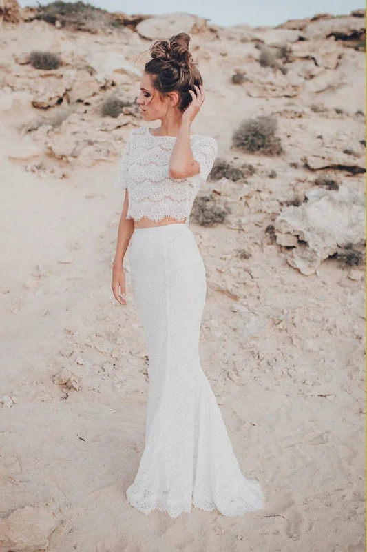 custom wedding dressesTwo Pieces Crew Short Sleeves White Lace Mermaid Wedding Dress OKL54