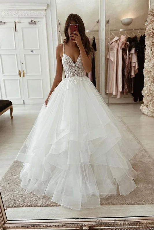 high-low wedding dressesA-line Spaghetti Straps Vintage Tulle Ivory Beach Wedding Dress OKX23