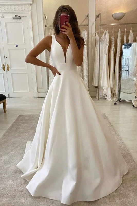 flutter sleeve wedding dressesNew Arrival V-neck Ivory Simple A-line Prom Dress Beach Wedding Dress OD914