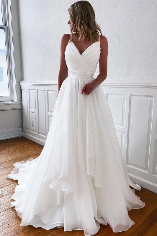 fairy tale wedding dressesA-line V Neck White Spaghetti Straps Simple Beach Wedding Dress OKX22