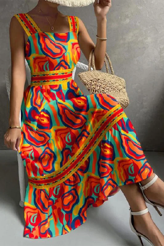 lightweight midi dressesRipple Print Patchwork Tropical Midi Dress