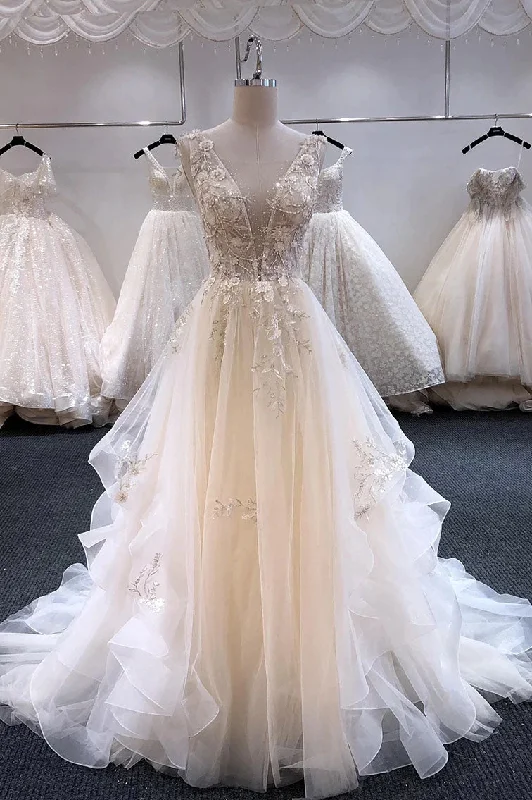 flutter sleeve wedding dressesGorgeous Appliques A-line V-neck Wedding Dress Beaded Bridal Gown OKV18