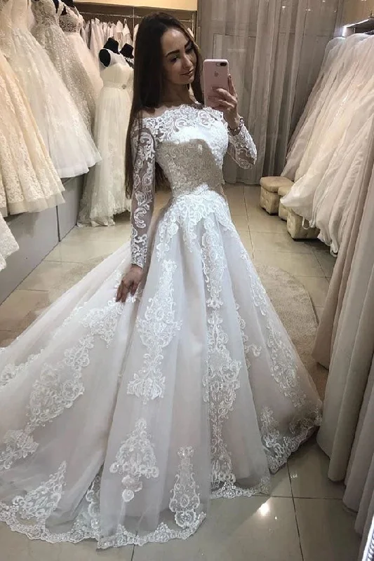 bridesmaid dresses that match wedding dressGorgeous Lace Applique Wedding Dress Boat Neck Long Sleeve Chapel Train A-line Bridal Dress OKW24