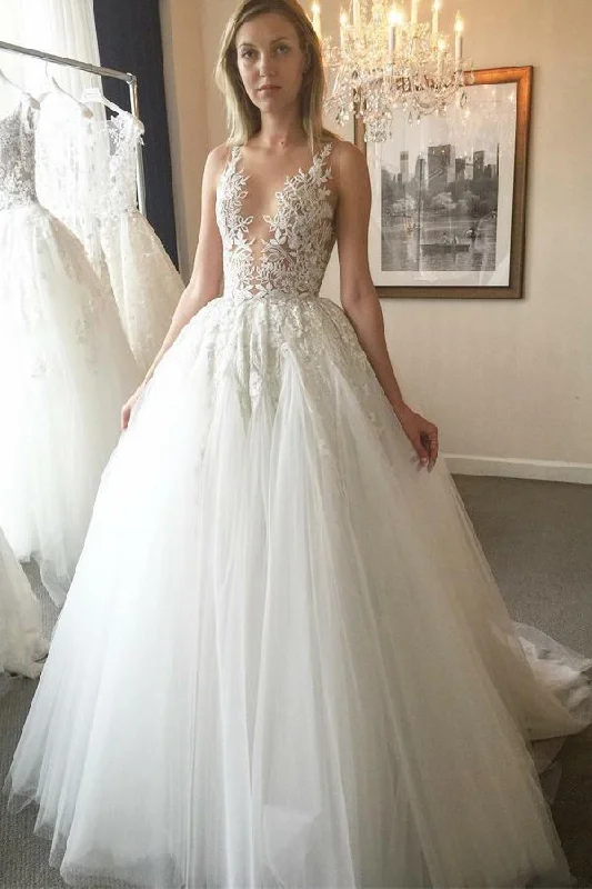 wedding dress preservationElegant Sheer Round Neck Ivory Open Back Wedding Dress with Appliques Bridal Dress OK1014