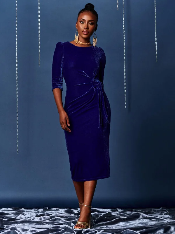 casual chic midi dresses3/4 Sleeve Tie Detail Velvet Midi Dress, Royal Blue