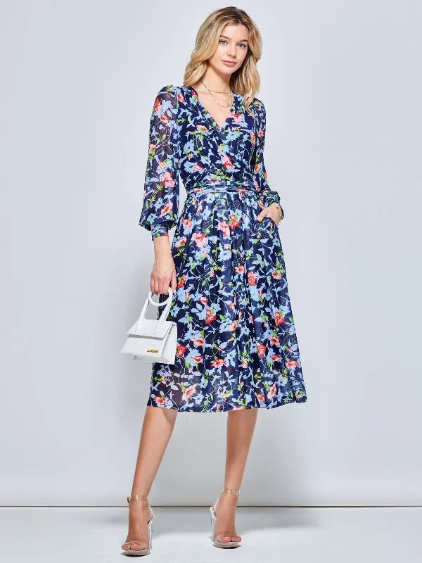 lined midi dressesFloral Long Sleeve Mesh Midi Dress, Navy Floral