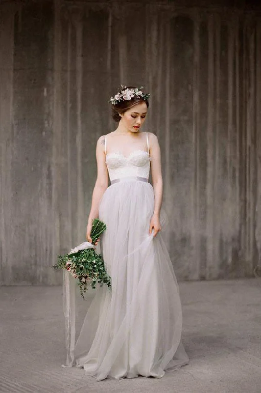 sustainable wedding dressesSpaghetti Straps Backless Grey Tulle Long Wedding Dresses With Lace Appliques OK531