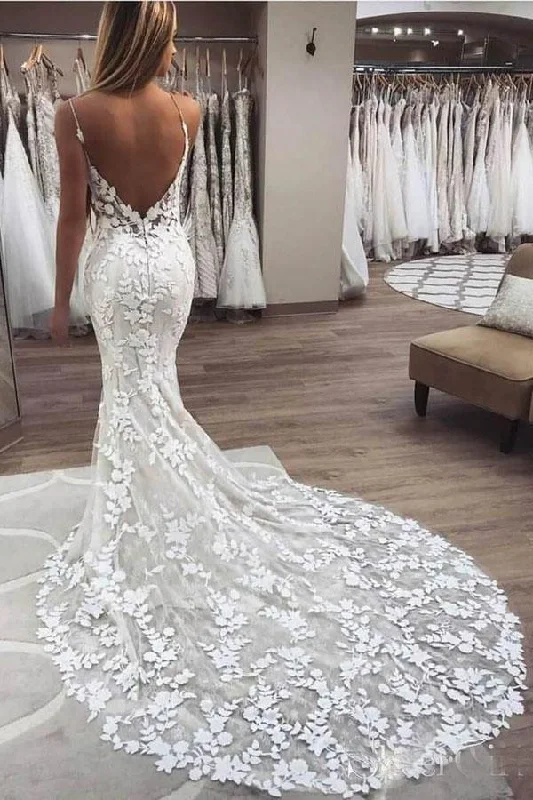 vintage elegance wedding dressesSpaghetti Straps Backless Mermaid Lace Wedding Dress With Appliques OK1112