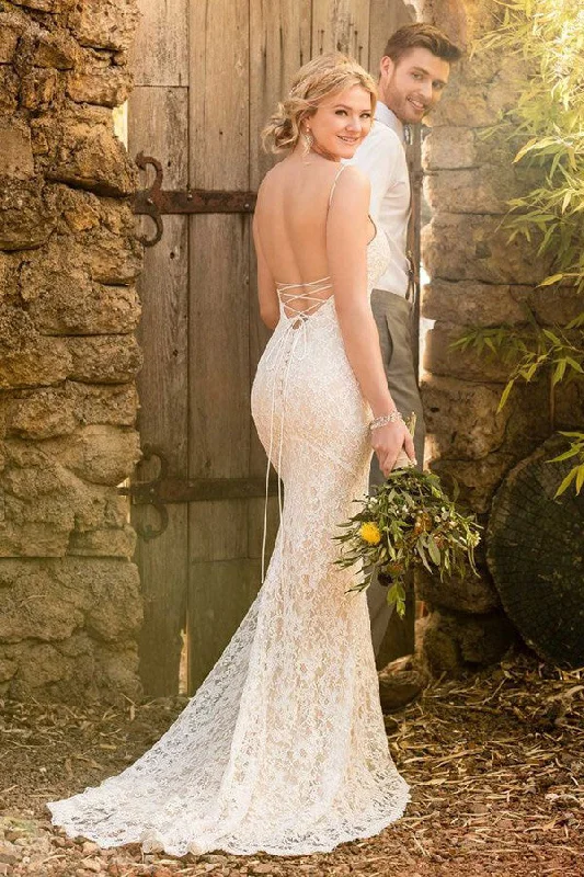 wedding dress with trainMermaid Spaghetti Straps Backless Ivory Lace Wedding Dress Elegant Bridal Dress OKL61