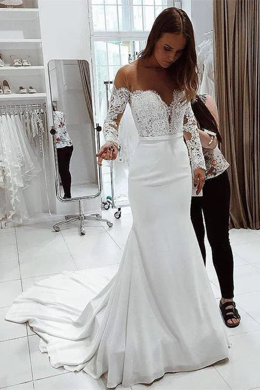 mother-of-the-bride wedding dressesMermaid Off the Shoulder Long Sleeves Lace Top Wedding Dress OK1077