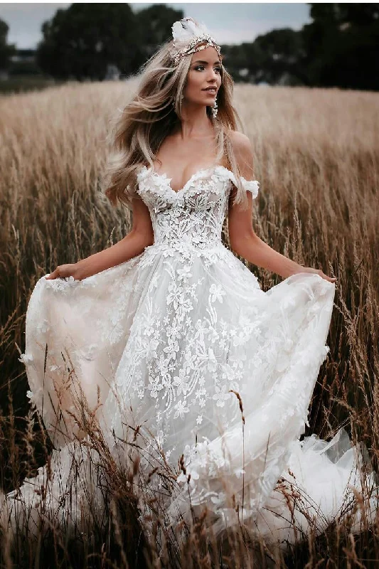 cap sleeve wedding dressesOff The Shoulder A-line Tulle Lace Appliques Long Beach Wedding Dress OKY3