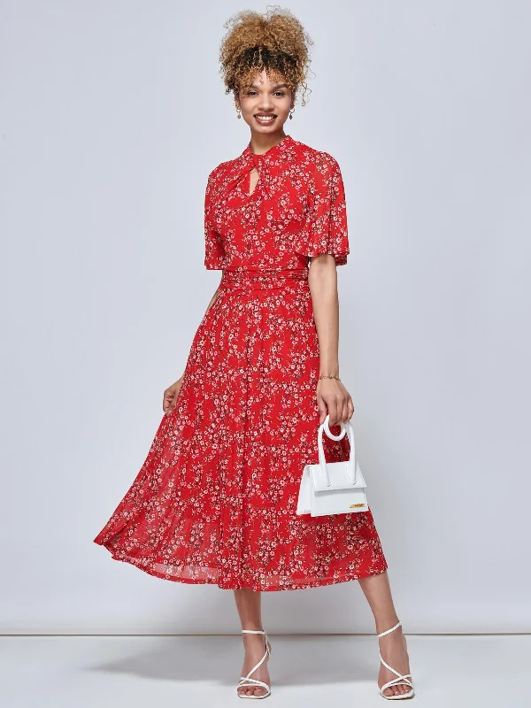 stylish midi dressesJolie Moi Carina Key Hole Mesh Midi Dress, Red Floral