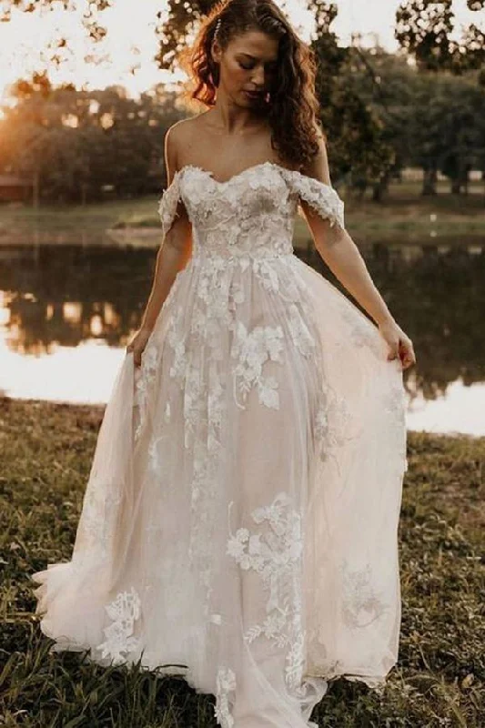 empire waist wedding dressesA-line Off the Shoulder Lace Appliques Tulle Wedding Dress Boho Rustic Wedding Gown OKY33