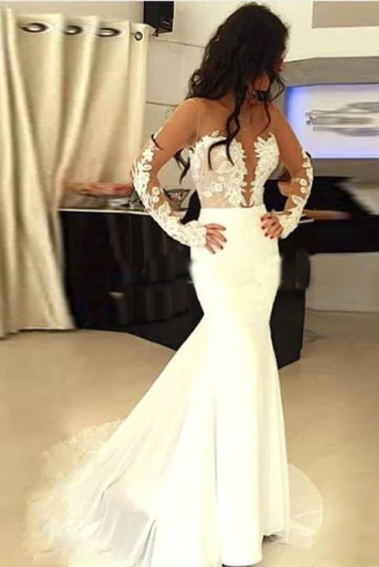 sleeveless wedding dressesCharming Ivory Mermaid Sheer Neck Long Sleeves Lace Appliques Wedding Dress OKX89