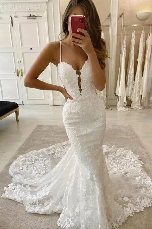 satin wedding dressesSpaghetti Straps Deep V Neck Mermaid Lace Applique Wedding Dress Long Bridal Dress OK1198