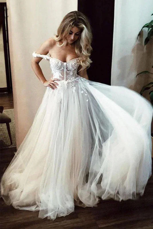 wedding dress inspirationA-line Tulle Off the SHoulder Wedding Dress Lace Appliques Bride Dress OKV62