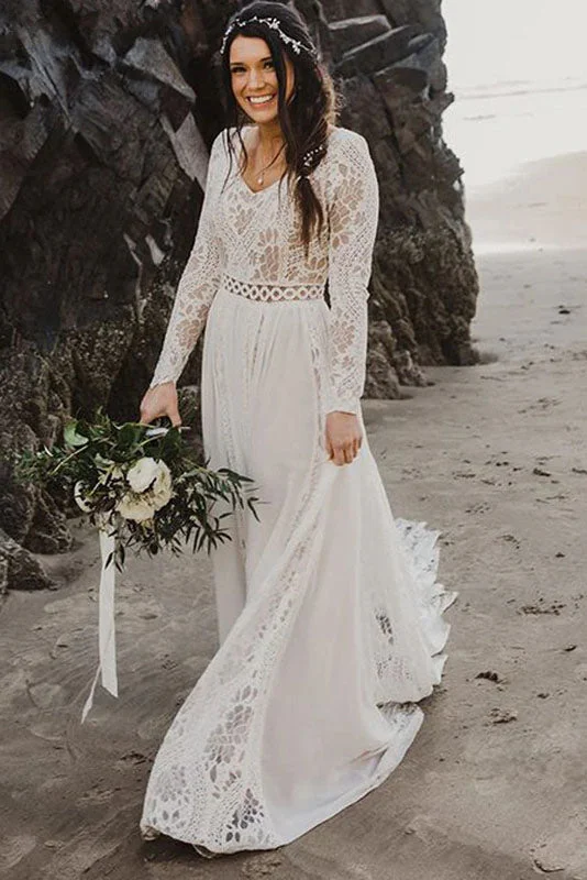 chiffon wedding dressesBeach Wedding Dress Long Sleeves V Neck Lace Chiffon A-line Bridal Gowns OKY94