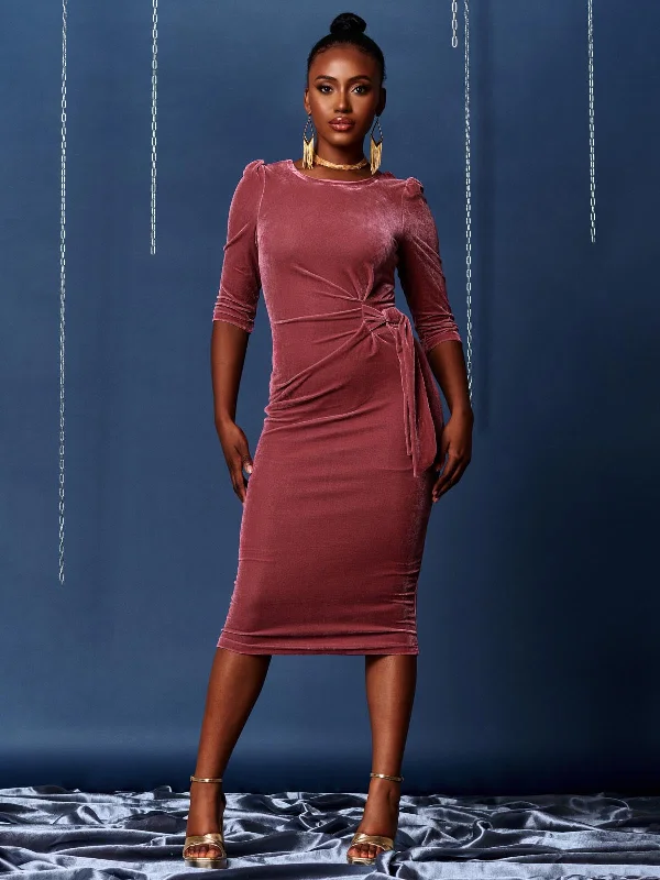 everyday midi dresses3/4 Sleeve Tie Detail Velvet Midi Dress, Pink