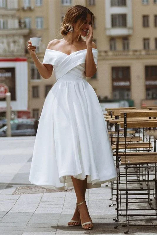 wedding dress with detachable sleevesElegant Off Shoulder Sleeveless Tea-Length A Line Satin Wedding Dress OK1420