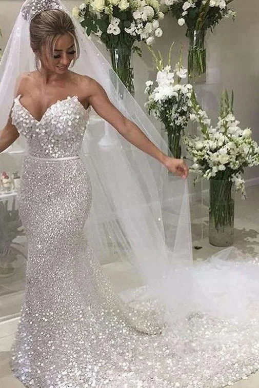 glamorous bohemian wedding dressesStrapless Stunning Sequined Wedding Dress Sparkly Mermaid Bridal Gowns OK1117