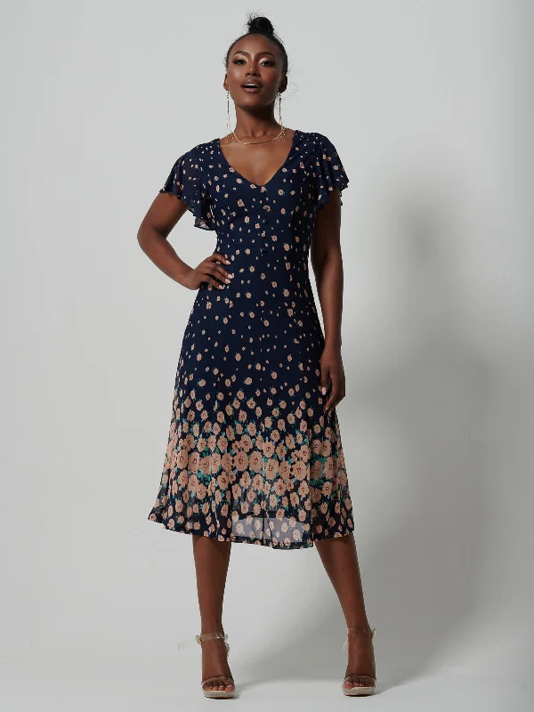 midi dresses for weddingsMirrored Mesh Fit & Flare Midi Dress, Navy Floral