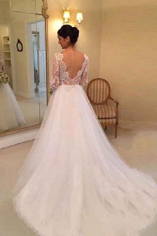 vintage-inspired wedding dressesWhite A-line Long Sleeves Beading Lace Backless Court Train Wedding Dress OK524