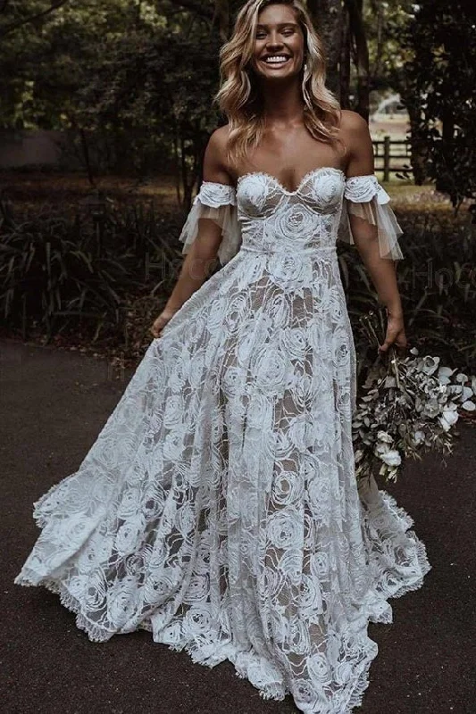 garden wedding dressesA-line Ivory Off The Shoulder Lace Beach Wedding Dress OKU90