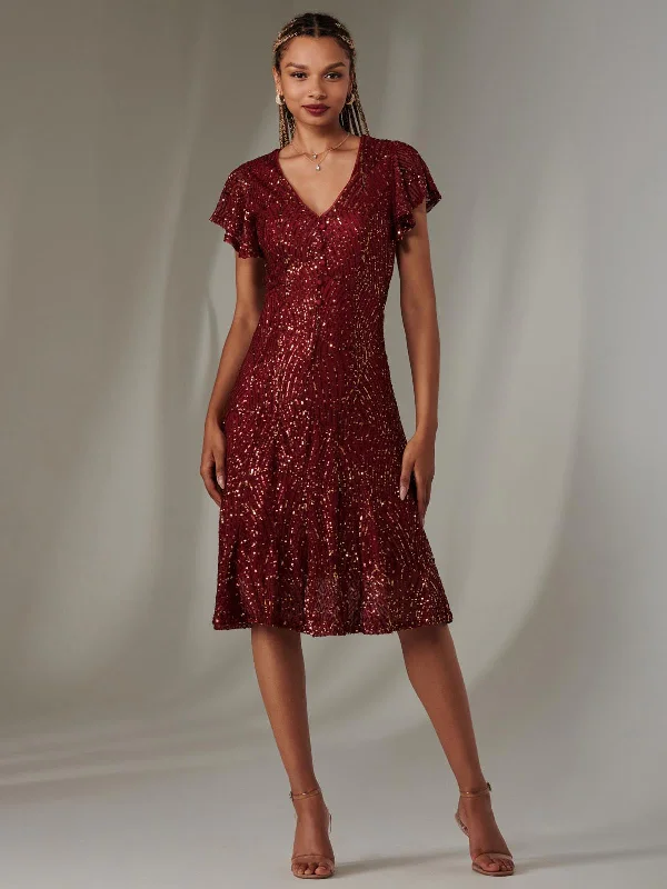 midi dresses with pocketsSequin Fit & Flare Midi Dress, Burgundy Multi