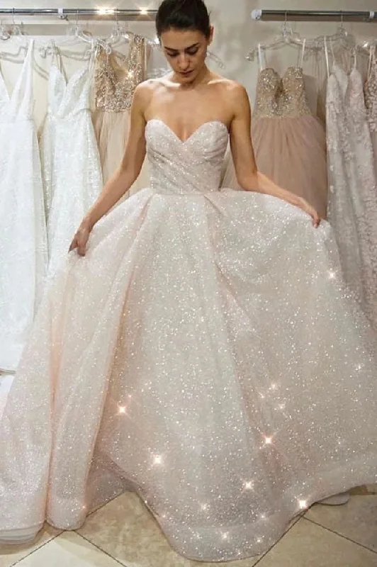 sustainable wedding dressesGlitter A-line Wedding Dress For Bride Sweetheart Long Sparkly Bridal Gowns OKW39