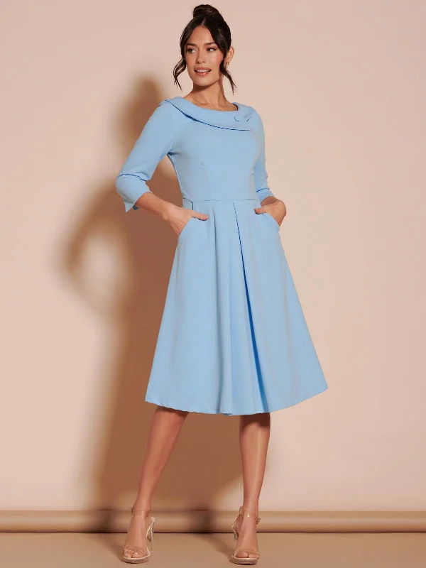 midi dresses with bow detailsFold Neckline Sleeved Midi Dress, Light Blue